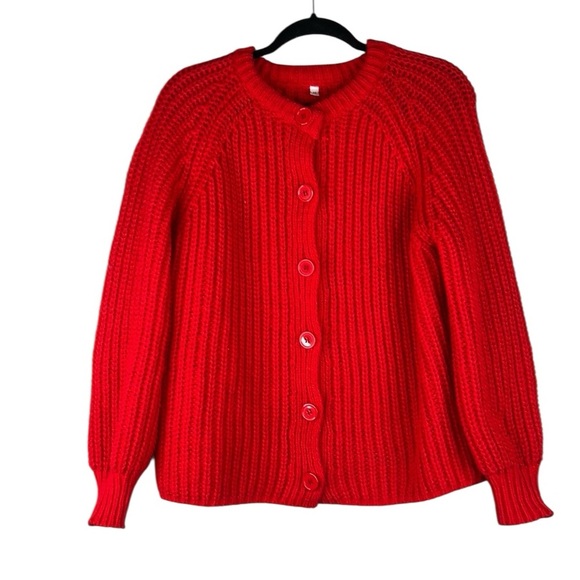 Red Festive Large Knit Button Down Winter Fall Cardigan Sweater Size Medium - Picture 1 of 6